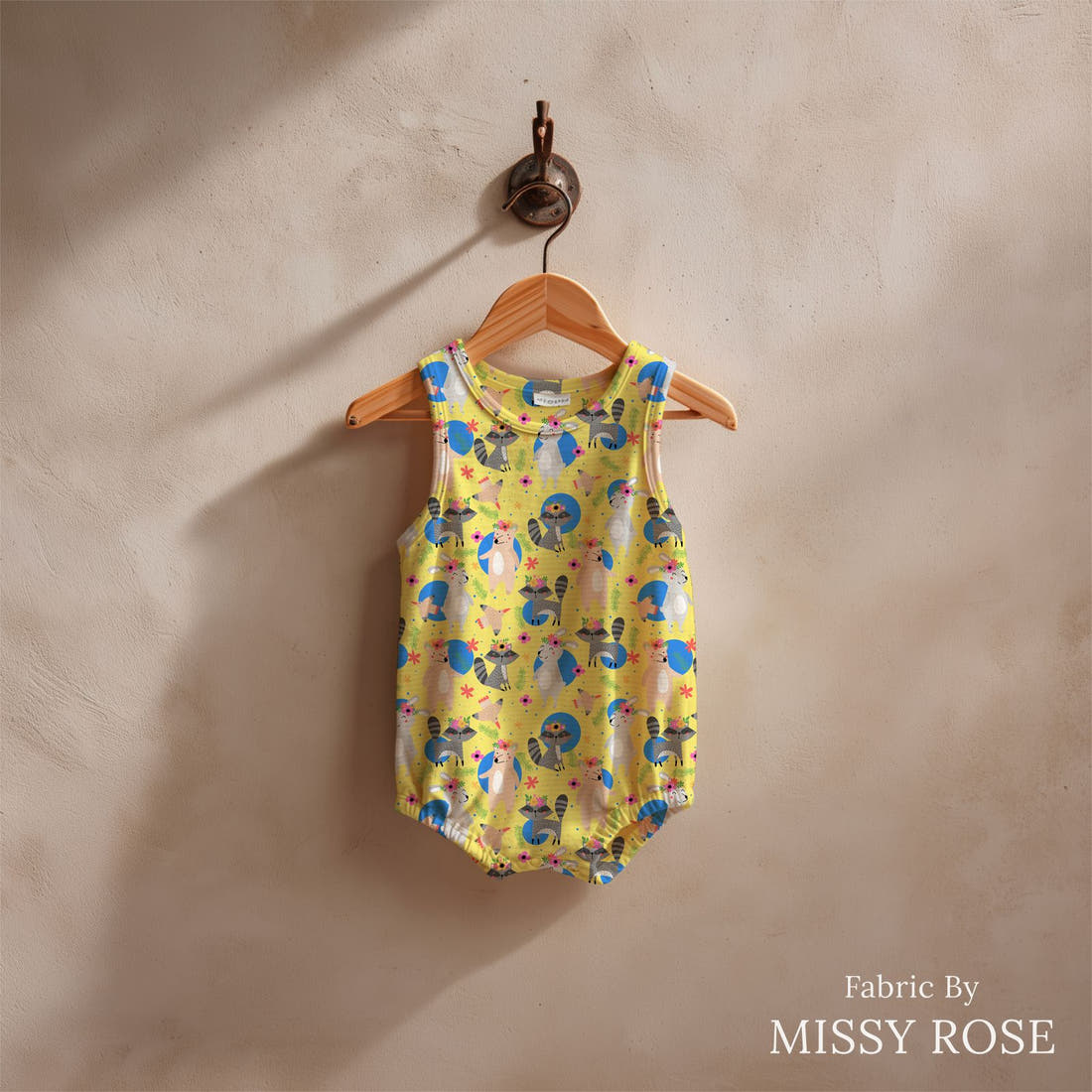 Design 894 Woodlands Fabric sewn into a baby romper – see how the print looks made up | Fabric by Missy Rose