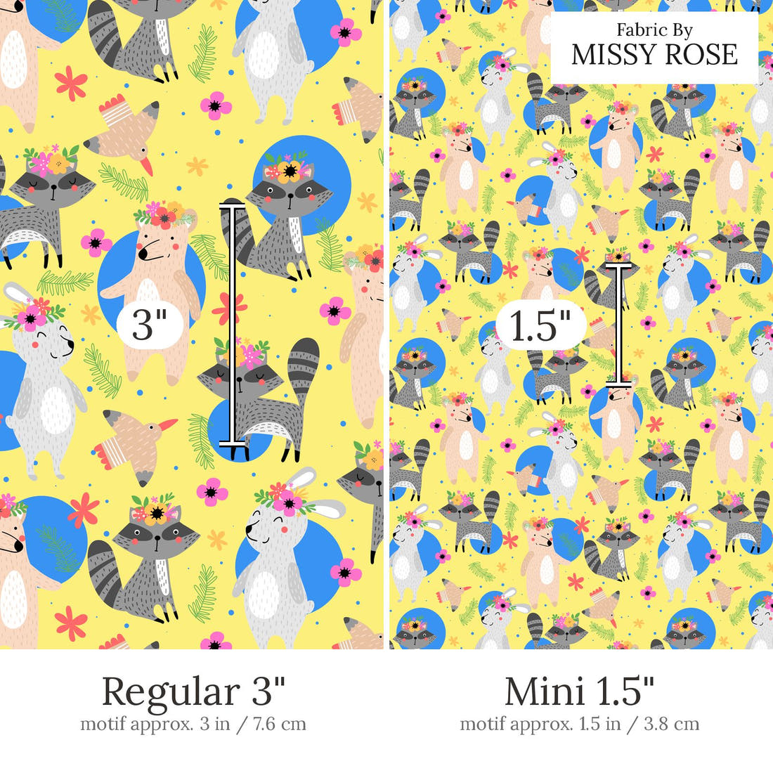 Design 894 Woodlands Fabric Regular 3 inch vs Mini 1.5 inch print scale side by side | Fabric by Missy Rose