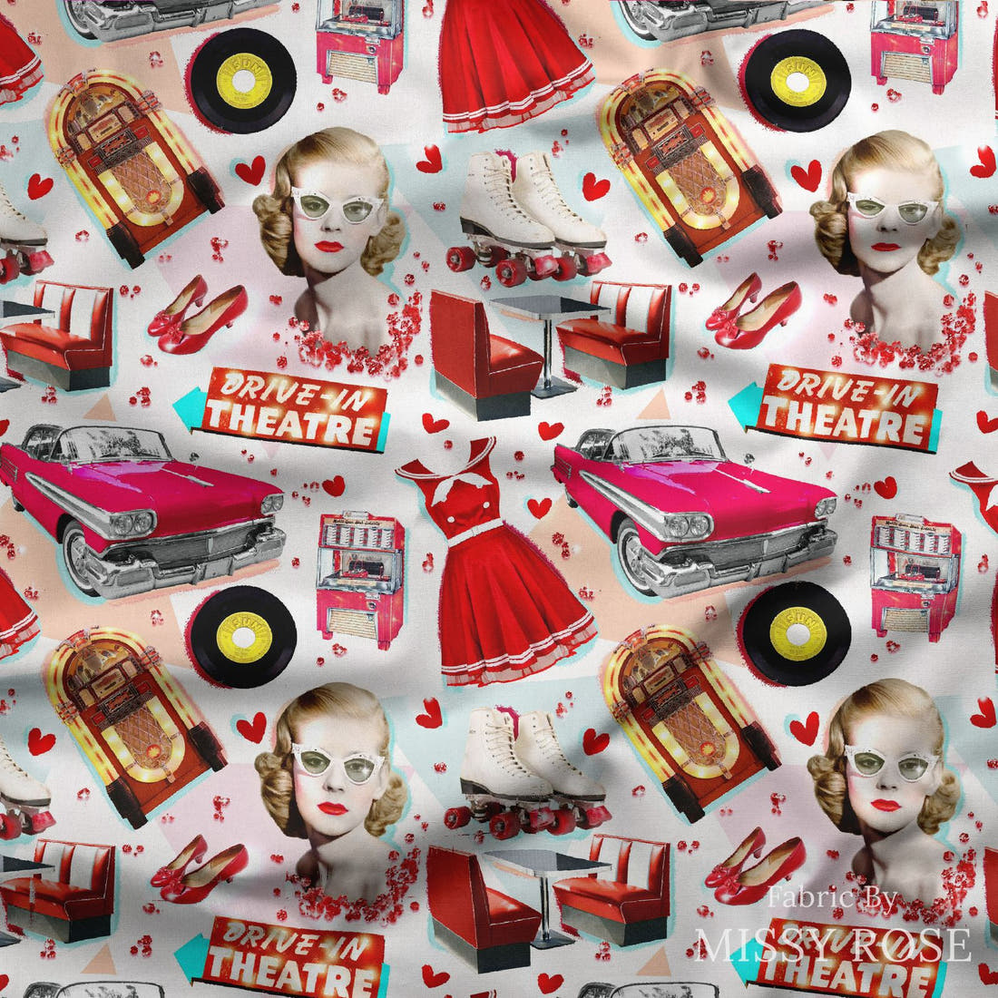 Design 895 Retro Diner Fabric draped fabric mockup – custom printed fabric by the metre | Fabric by Missy Rose