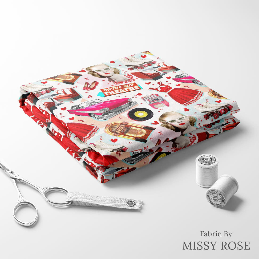Design 895 Retro Diner Fabric folded fabric stack with matching thread – pre-order fabric Australia | Fabric by Missy Rose