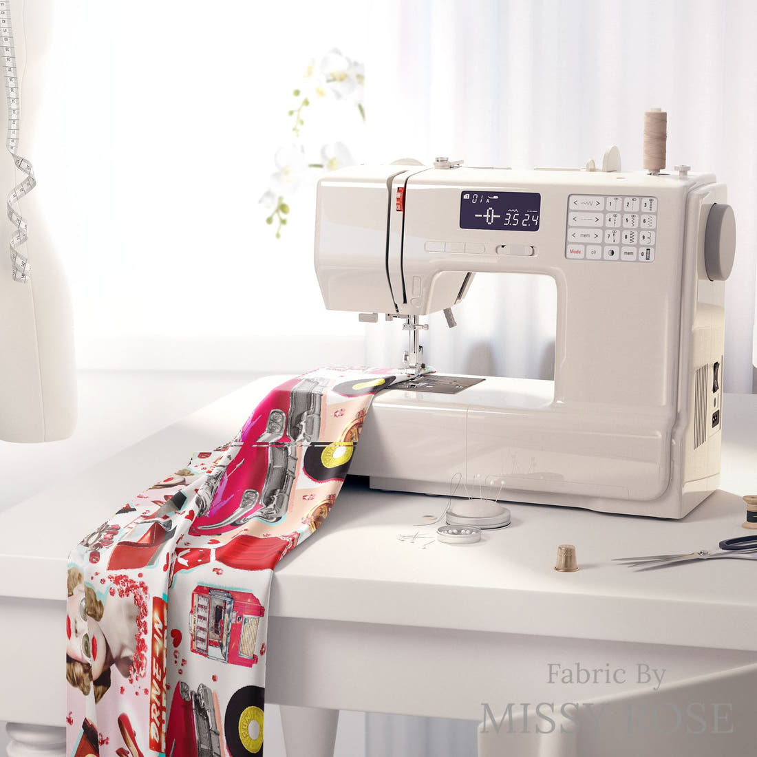 Design 895 Retro Diner Fabric on a sewing machine – premium fabric for sewing projects | Fabric by Missy Rose