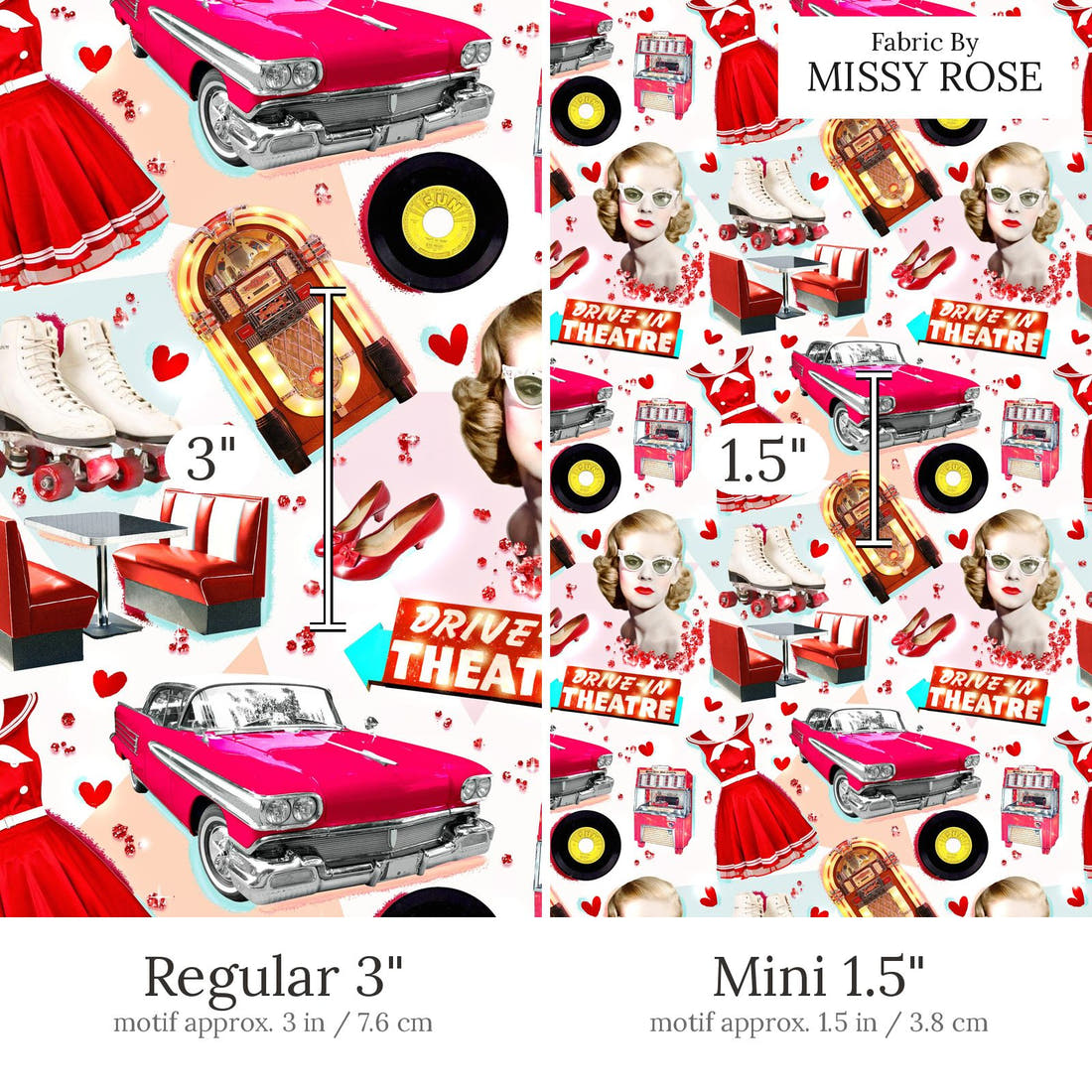 Design 895 Retro Diner Fabric Regular 3 inch vs Mini 1.5 inch print scale side by side | Fabric by Missy Rose