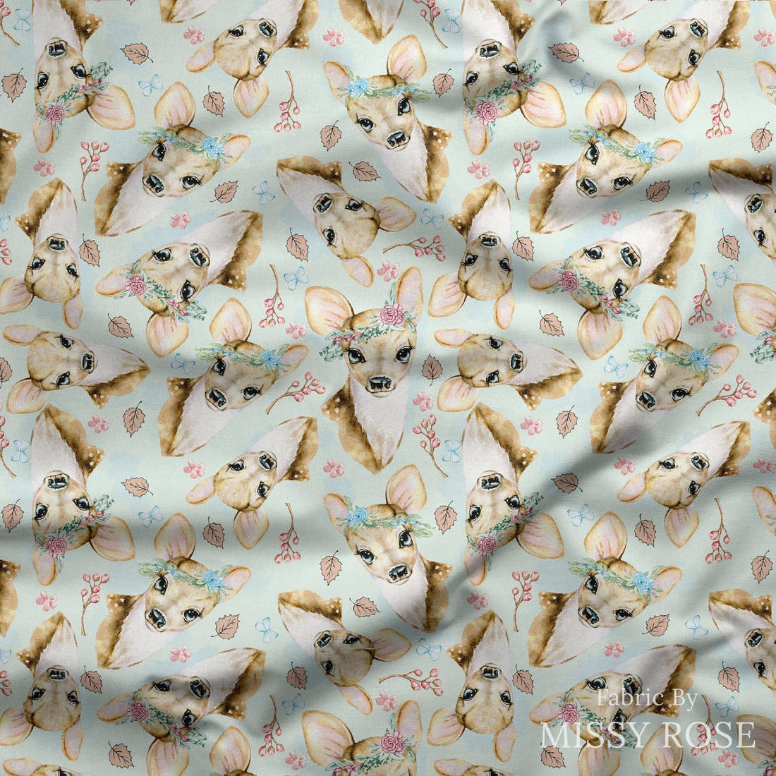 Design 896 Blue Deer Fabric draped fabric mockup – custom printed fabric by the metre | Fabric by Missy Rose