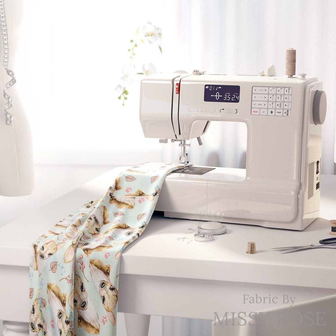 Design 896 Blue Deer Fabric on a sewing machine – premium fabric for sewing projects | Fabric by Missy Rose