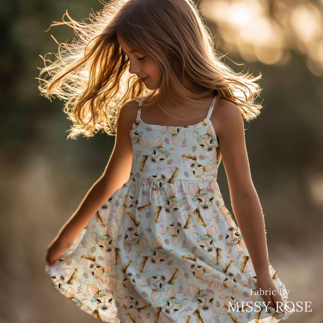 Design 896 Blue Deer Fabric sewn into a girls' dress – see how the print looks made up | Fabric by Missy Rose