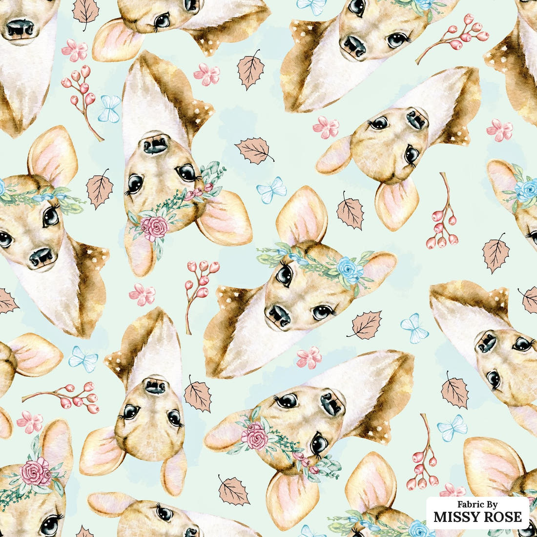Design 896 Blue Deer Fabric - flat view of the print, zoom in for detail | Fabric by Missy Rose