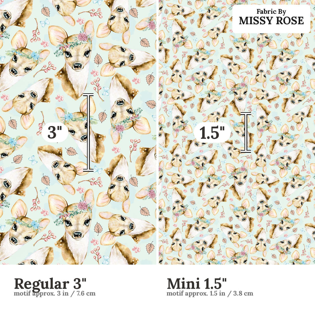 Design 896 Blue Deer Fabric size comparison - print scale | Fabric by Missy Rose
