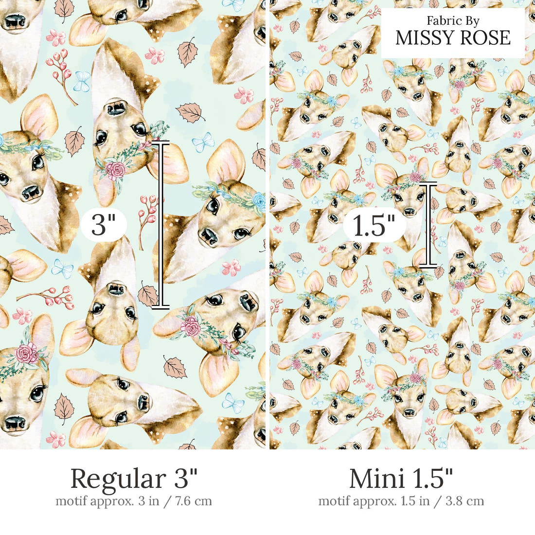 Design 896 Blue Deer Fabric Regular 3 inch vs Mini 1.5 inch print scale side by side | Fabric by Missy Rose