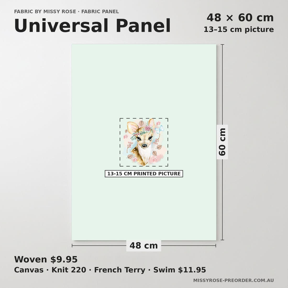 Design 896 Blue Deer Panel universal panel sizing – 13–15 cm printed picture on 48 × 60 cm fabric | Fabric by Missy Rose