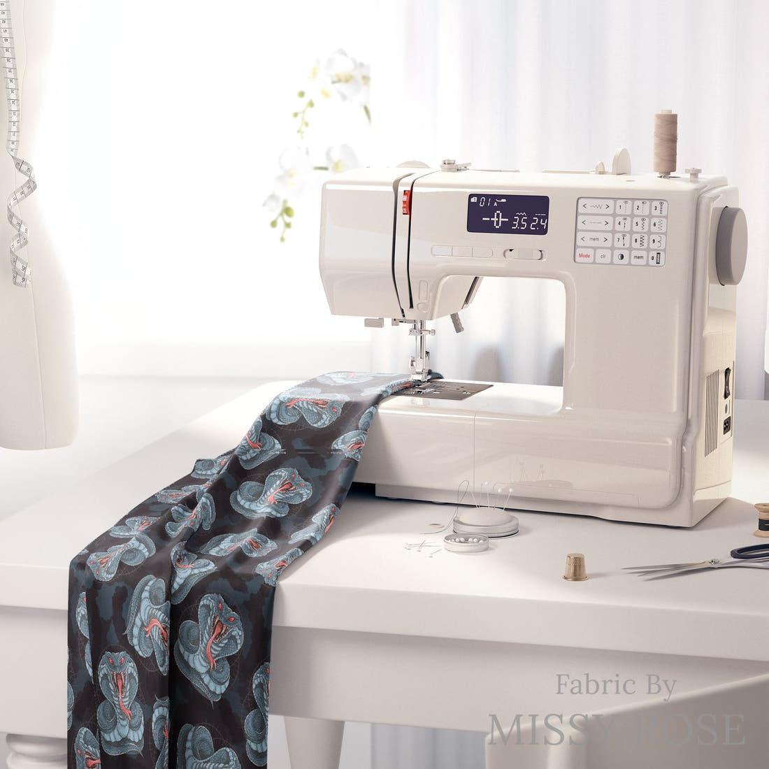 Design 897 Cobra Fabric on a sewing machine – premium fabric for sewing projects | Fabric by Missy Rose