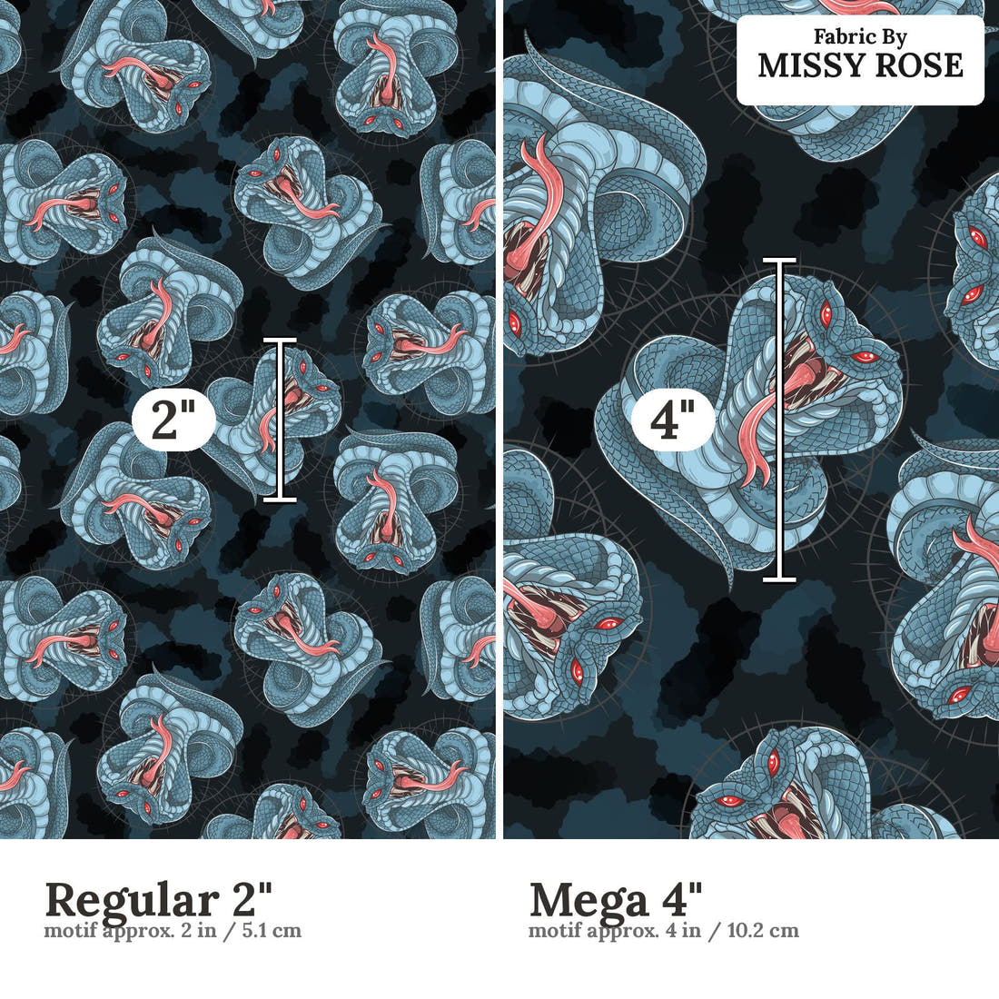 Design 897 Cobra Fabric size comparison - print scale | Fabric by Missy Rose