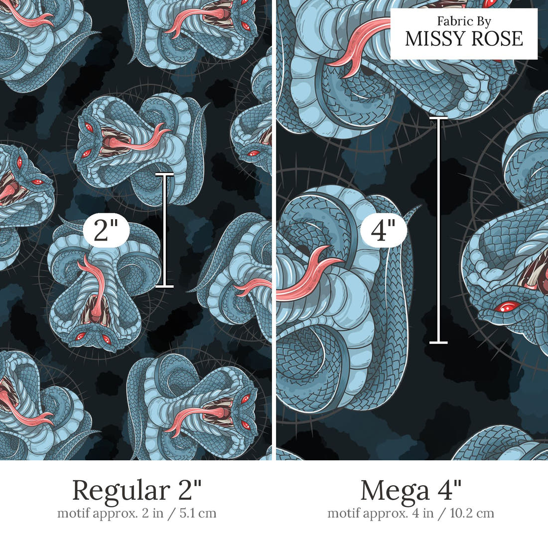 Design 897 Cobra Fabric Regular 2 inch vs Mega 4 inch print scale side by side | Fabric by Missy Rose