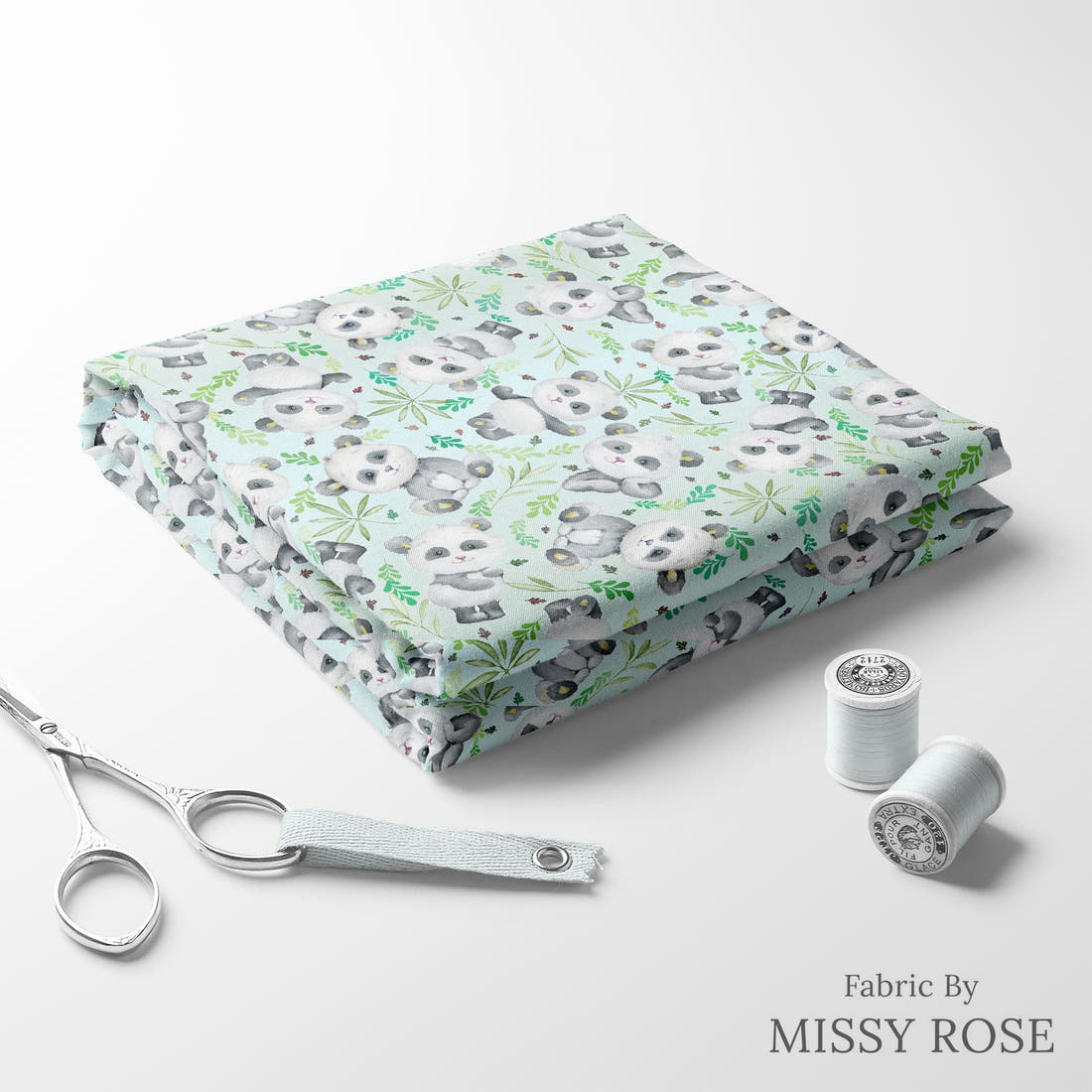 Design 898 Panda Fabric folded fabric stack with matching thread – pre-order fabric Australia | Fabric by Missy Rose