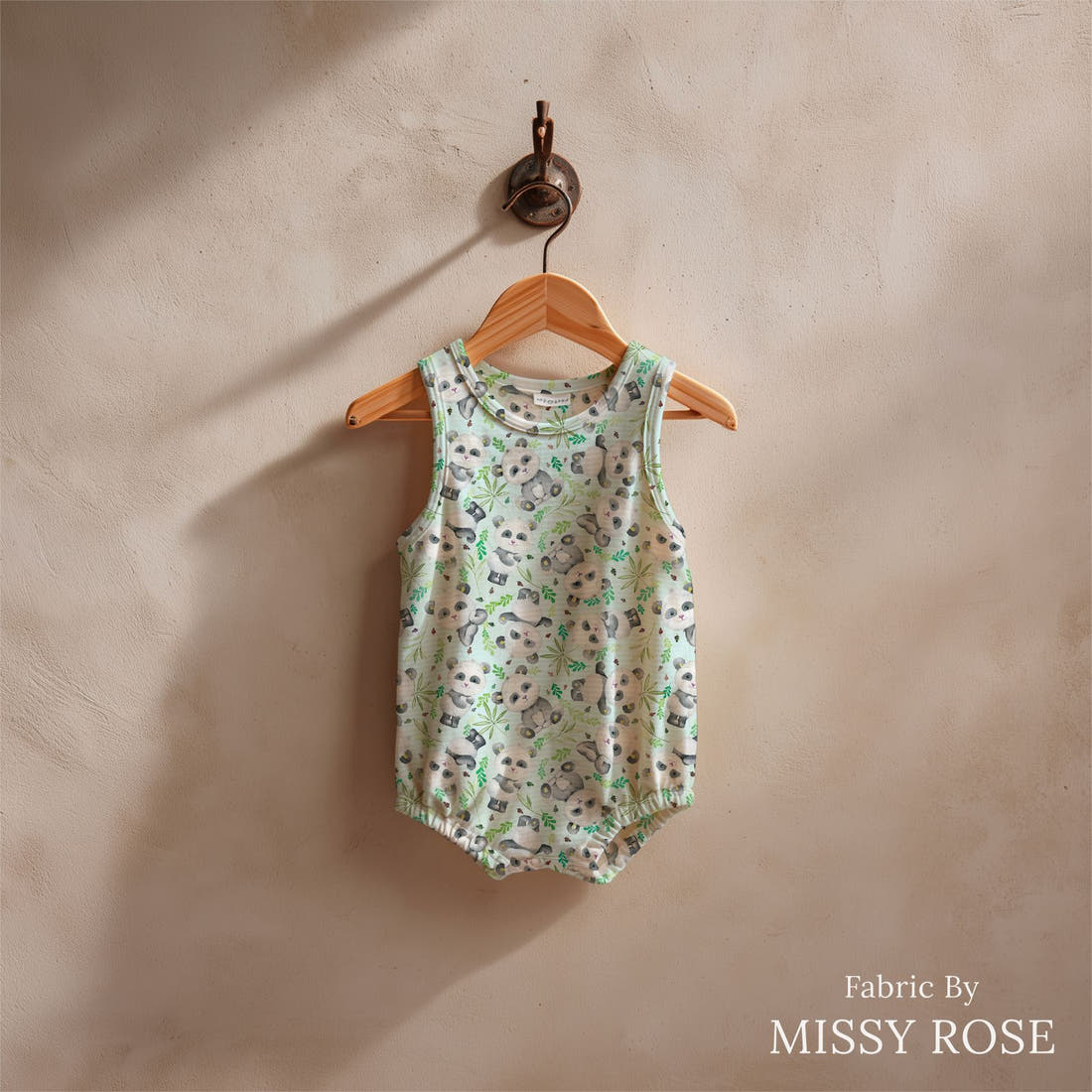 Design 898 Panda Fabric sewn into a baby romper – see how the print looks made up | Fabric by Missy Rose