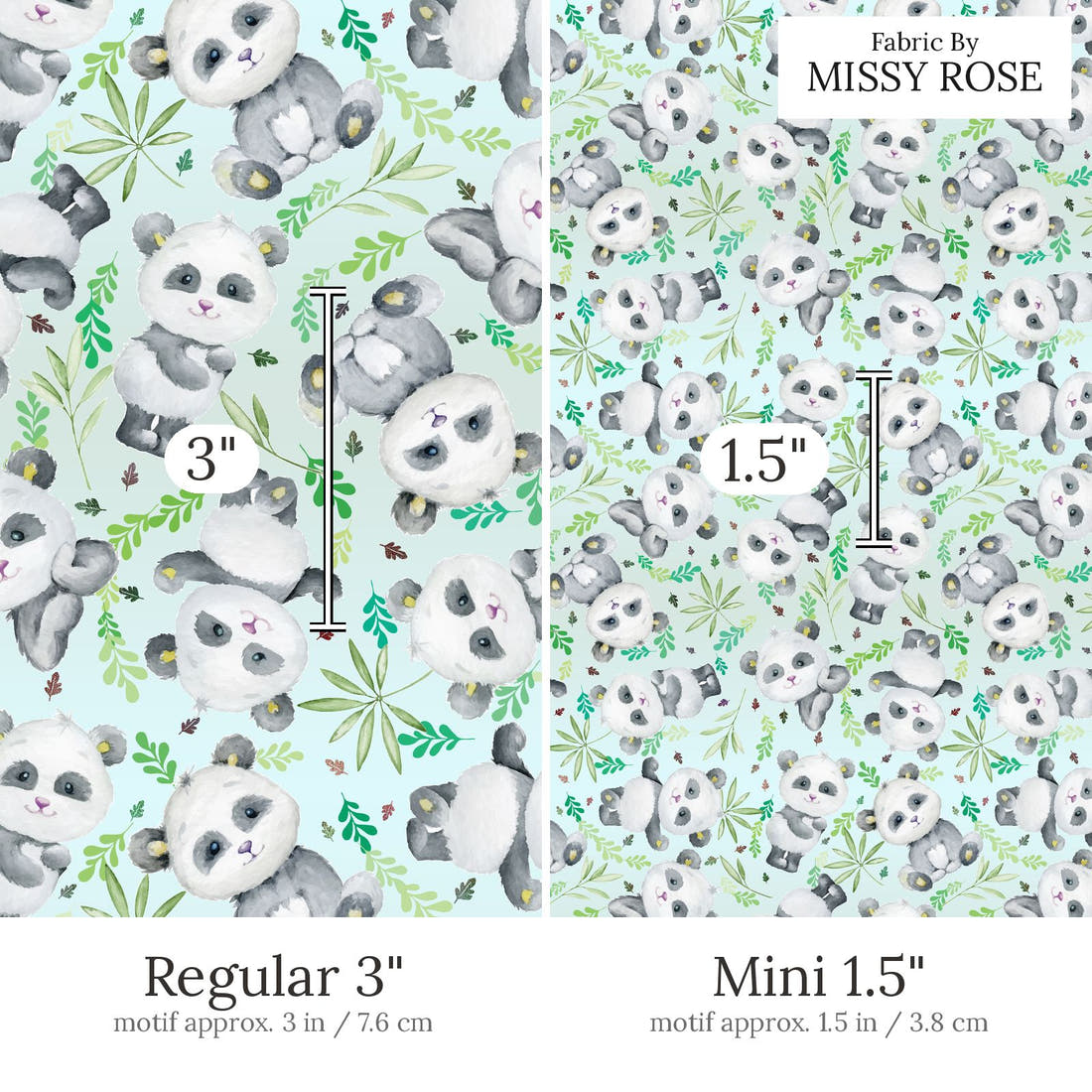 Design 898 Panda Fabric Regular 3 inch vs Mini 1.5 inch print scale side by side | Fabric by Missy Rose