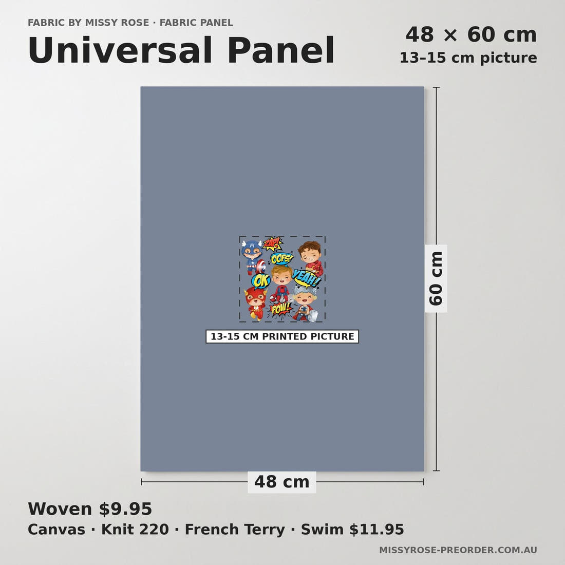 Design 899 Superhero Panel universal panel sizing – 13–15 cm printed picture on 48 × 60 cm fabric | Fabric by Missy Rose
