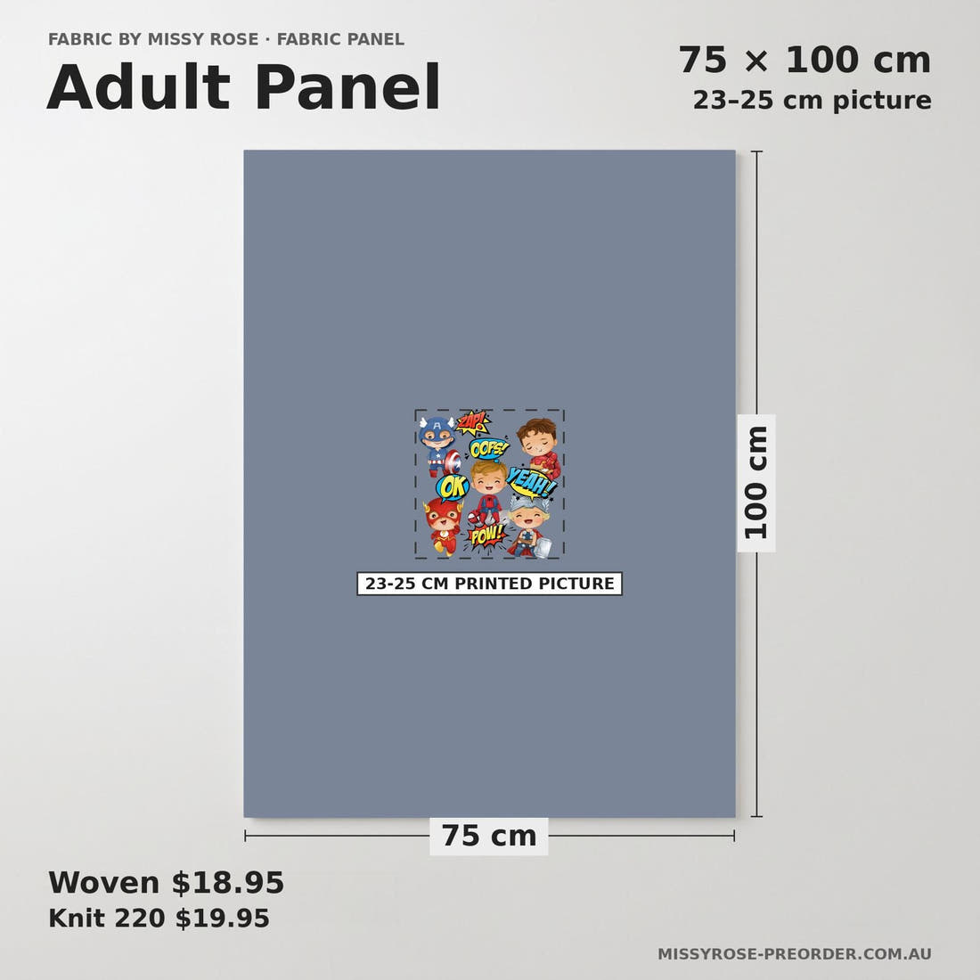 Design 899 Superhero Panel adult panel sizing – 23–25 cm printed picture on 75 × 100 cm fabric | Fabric by Missy Rose