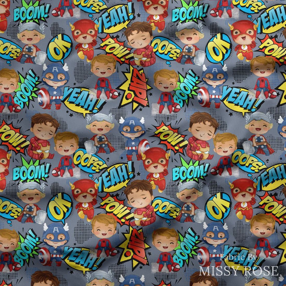 Design 899 Superhero Fabric draped fabric mockup – custom printed fabric by the metre | Fabric by Missy Rose