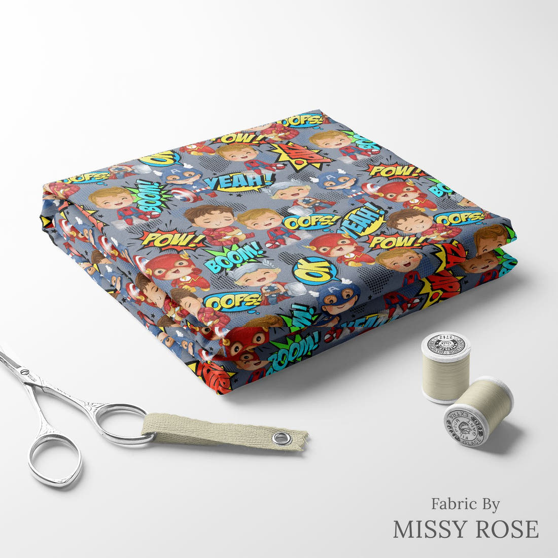 Design 899 Superhero Fabric folded fabric stack with matching thread – pre-order fabric Australia | Fabric by Missy Rose