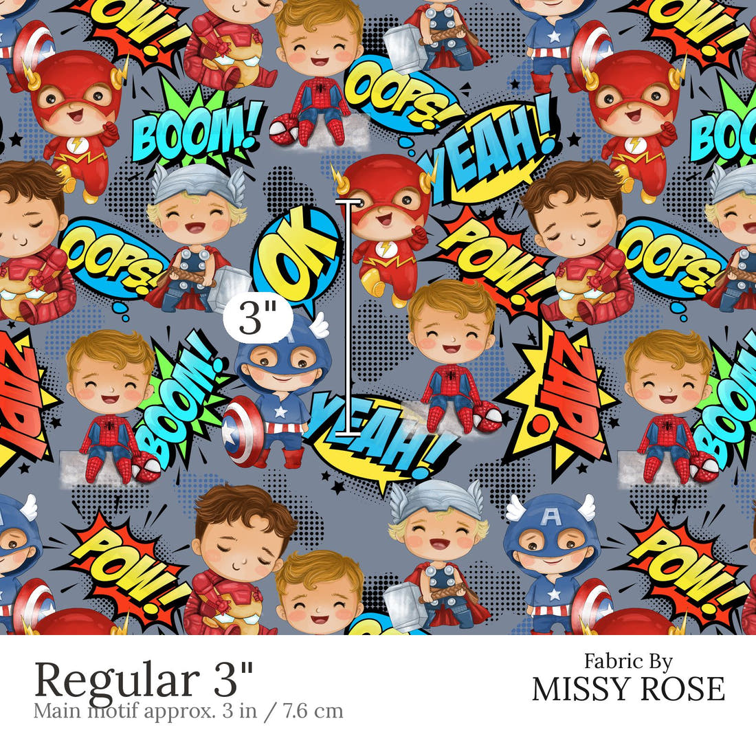Design 899 Superhero Fabric Regular 3 inch print scale guide | Fabric by Missy Rose