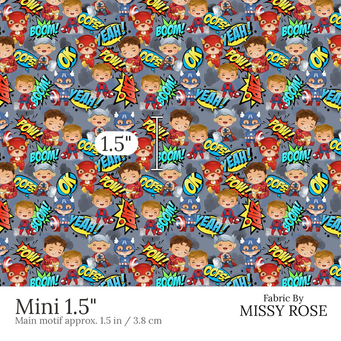 Design 899 Superhero Fabric Mini 1.5 inch print scale guide | Fabric by Missy Rose