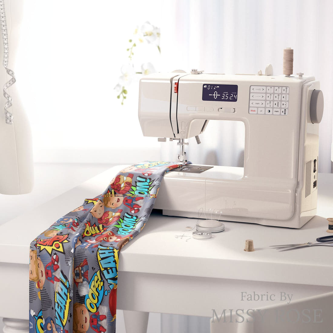 Design 899 Superhero Fabric on a sewing machine – premium fabric for sewing projects | Fabric by Missy Rose