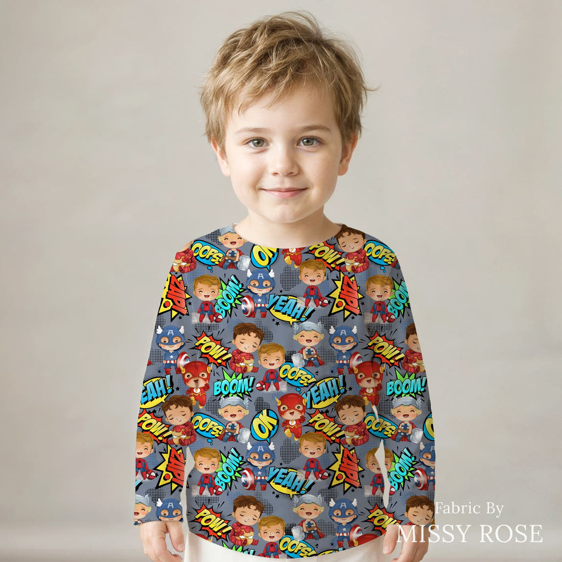 Design 899 Superhero Fabric sewn into a kids' long sleeve top – see how the print looks made up | Fabric by Missy Rose