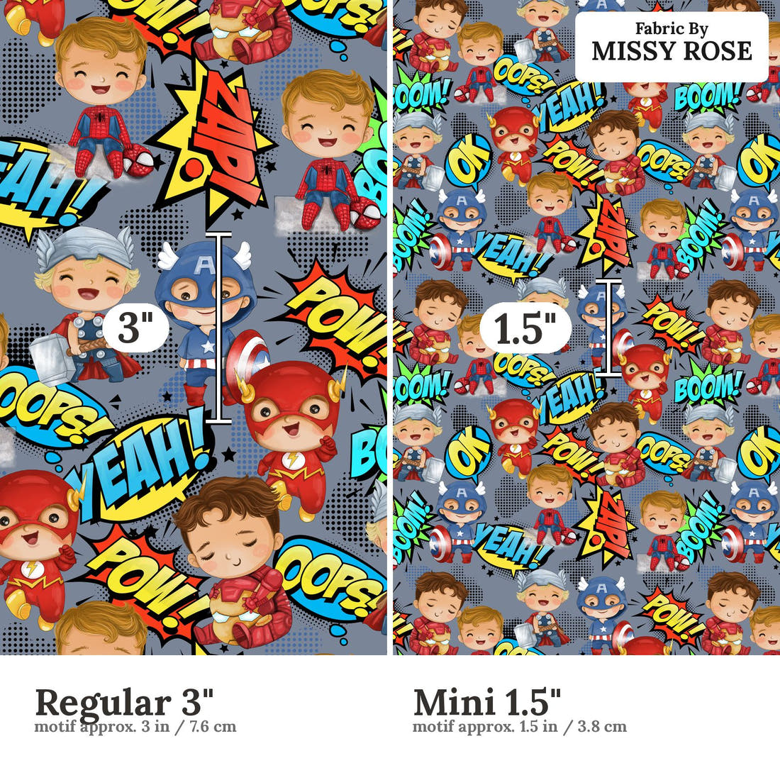 Design 899 Superhero Fabric size comparison - print scale | Fabric by Missy Rose