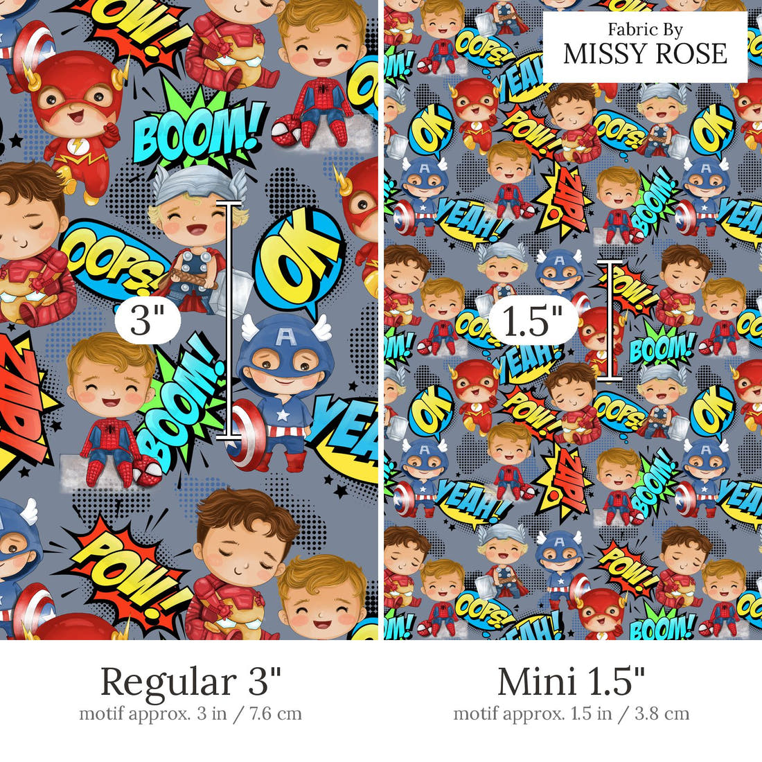 Design 899 Superhero Fabric Regular 3 inch vs Mini 1.5 inch print scale side by side | Fabric by Missy Rose