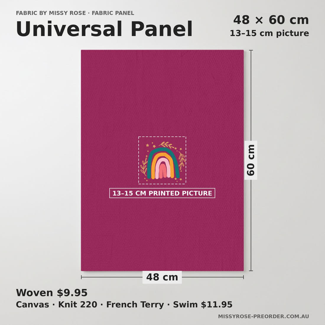 Design 9 Rainbow Panel universal panel sizing – 13–15 cm printed picture on 48 × 60 cm fabric | Fabric by Missy Rose