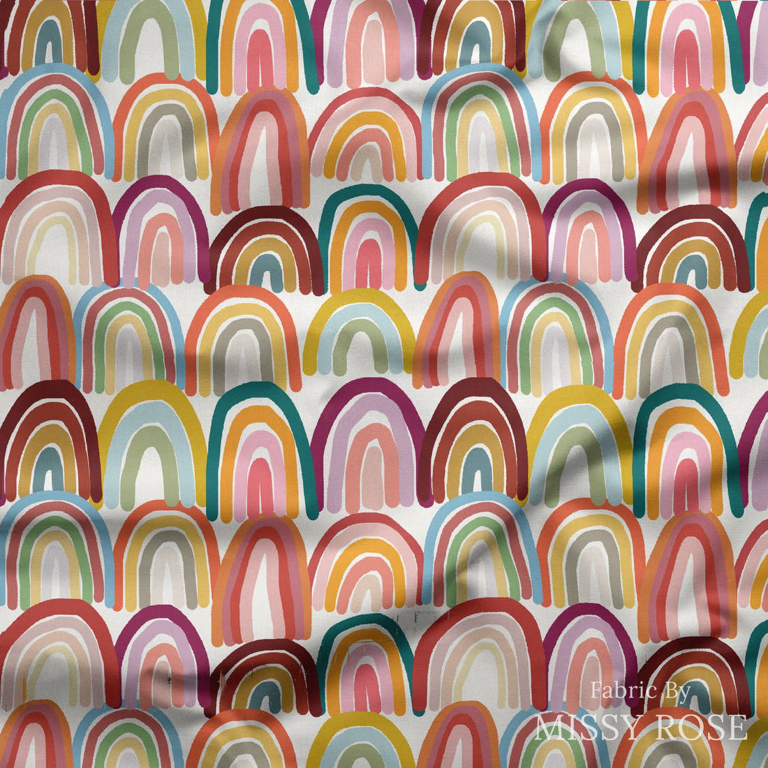 Design 9 Rainbow Fabric draped fabric mockup – custom printed fabric by the metre | Fabric by Missy Rose