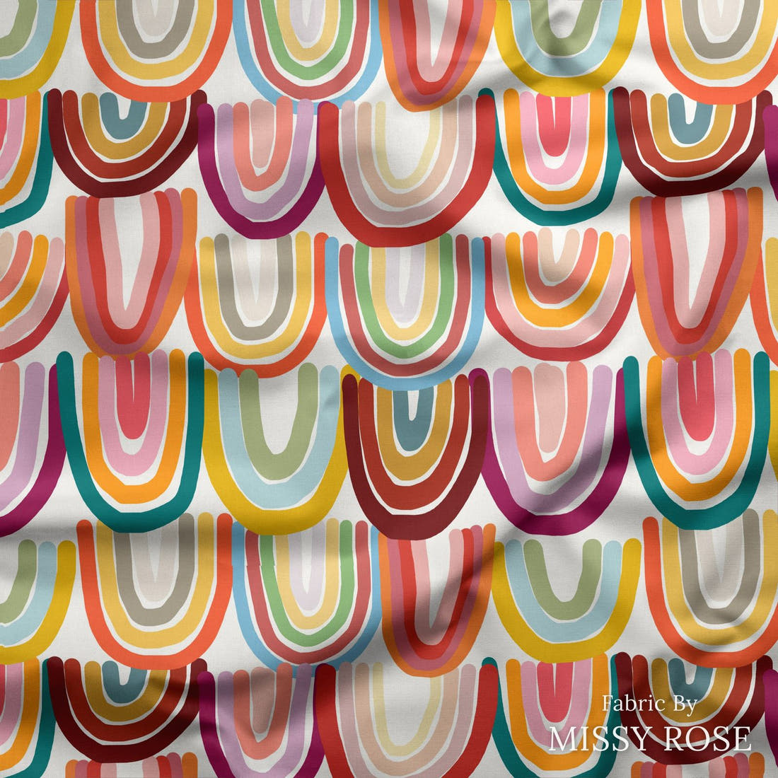 Design 9 Rainbow Fabric draped fabric mockup – custom printed fabric by the metre | Fabric by Missy Rose