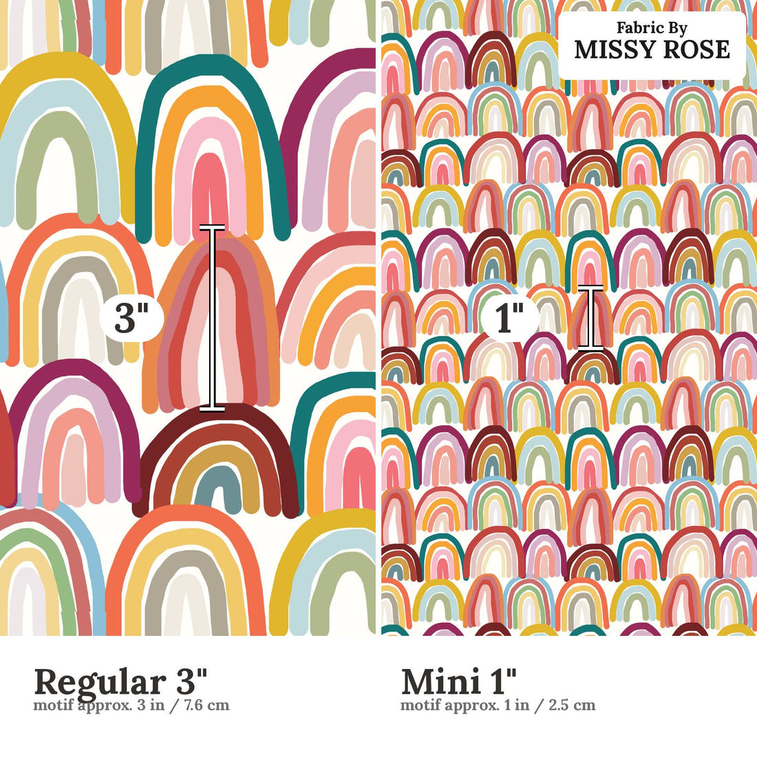 Design 9 Rainbow Fabric size comparison - print scale | Fabric by Missy Rose