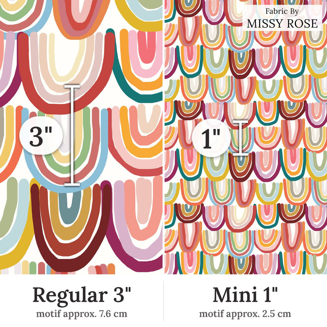 Design 9 Rainbow Fabric Regular 3 inch vs Mini 1 inch print scale side by side | Fabric by Missy Rose