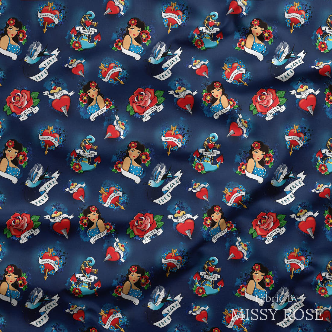 Design 90 Navy Tattoo Fabric draped fabric mockup – custom printed fabric by the metre | Fabric by Missy Rose