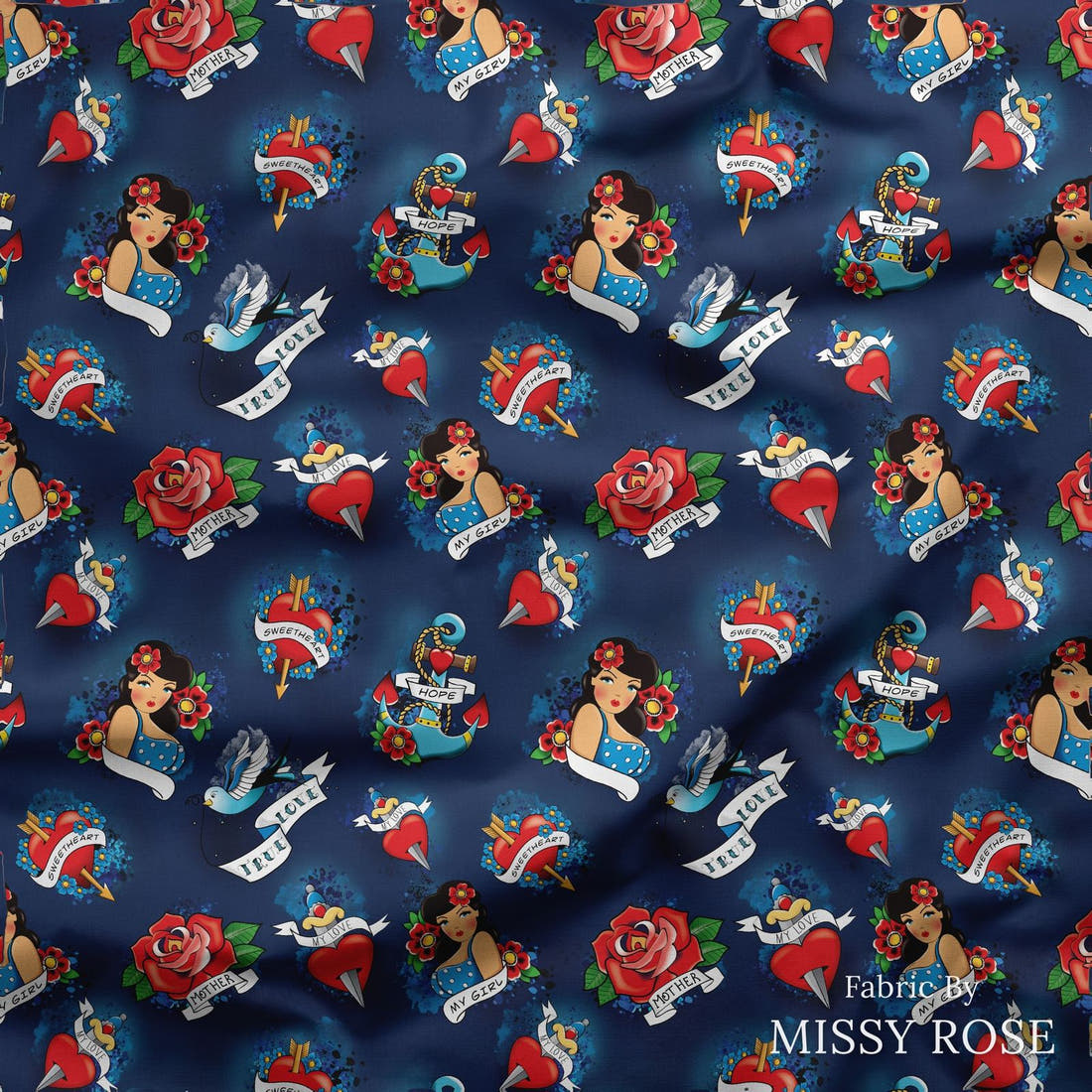 Design 90 Navy Tattoo Fabric draped fabric mockup – custom printed fabric by the metre | Fabric by Missy Rose
