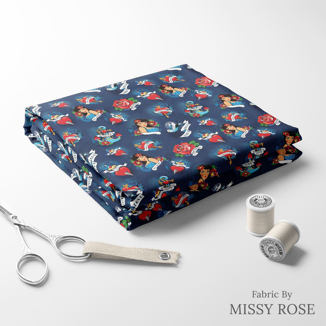 Design 90 Navy Tattoo Fabric folded fabric stack with matching thread – pre-order fabric Australia | Fabric by Missy Rose