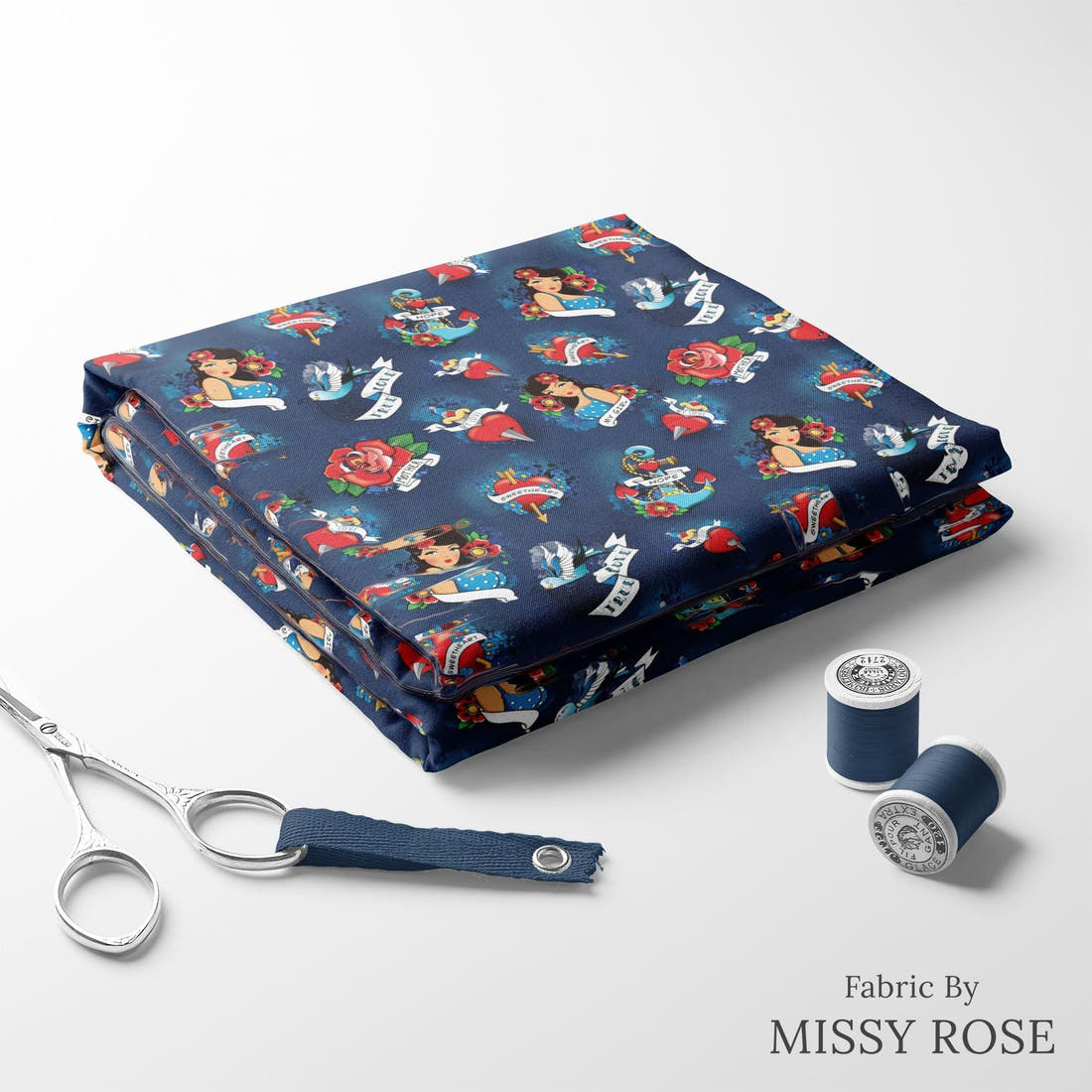 Design 90 Navy Tattoo Fabric folded fabric stack with matching thread – pre-order fabric Australia | Fabric by Missy Rose