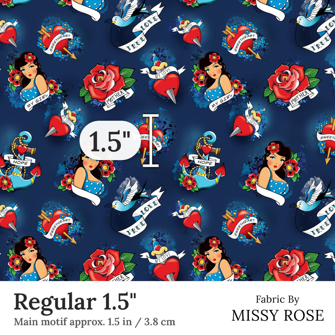 Design 90 Navy Tattoo Fabric Regular 1.5 inch print scale guide | Fabric by Missy Rose