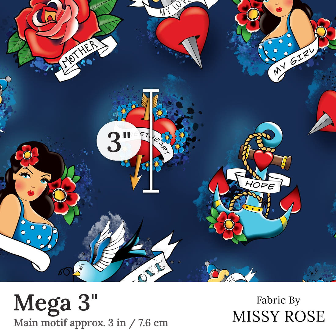 Design 90 Navy Tattoo Fabric Mega 3 inch print scale guide | Fabric by Missy Rose