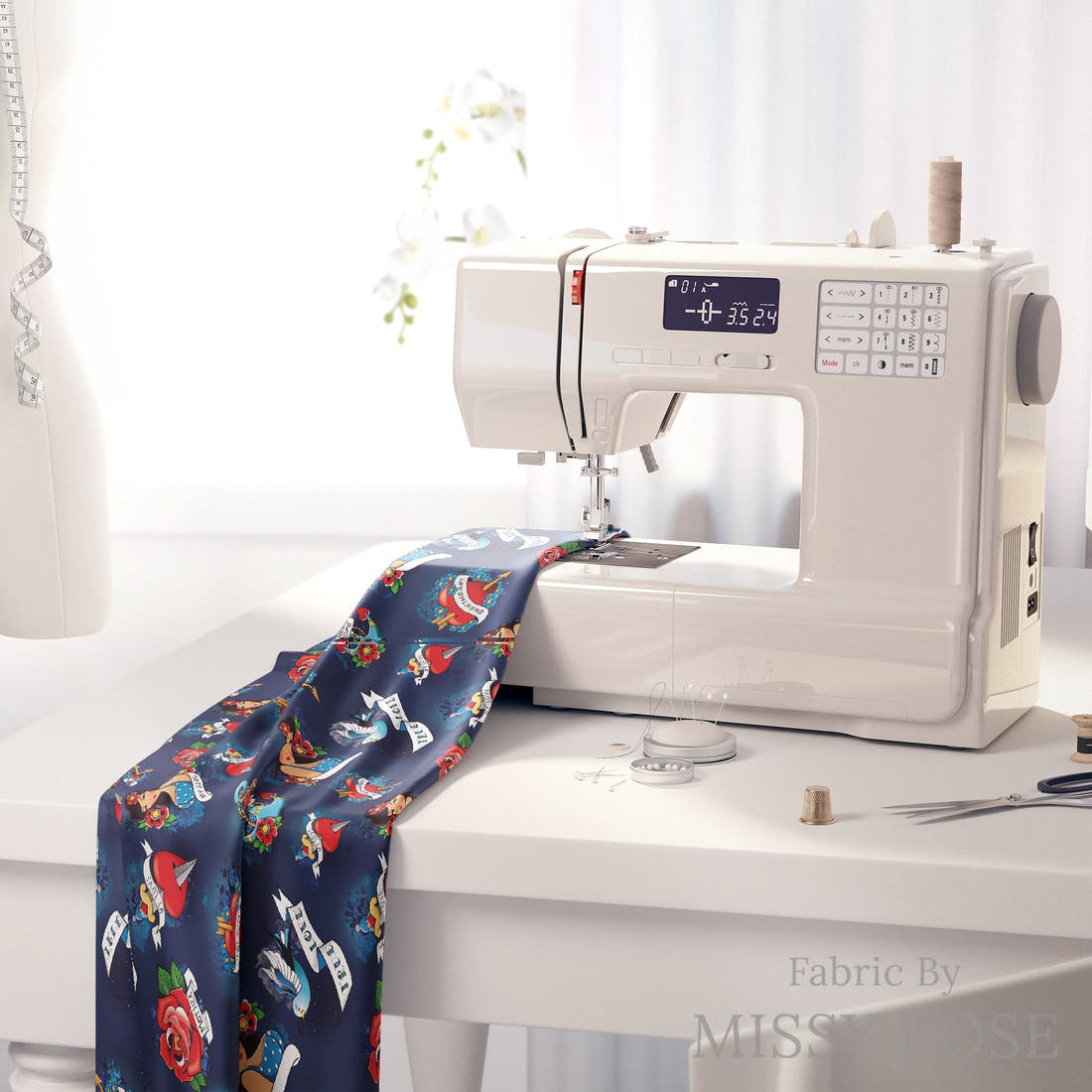 Design 90 Navy Tattoo Fabric on a sewing machine – premium fabric for sewing projects | Fabric by Missy Rose