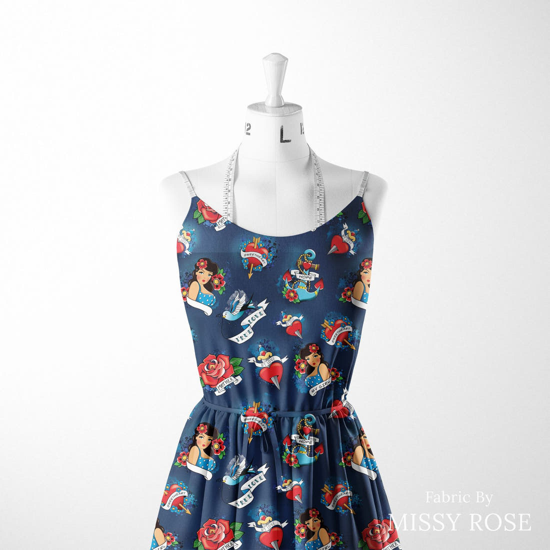 Design 90 Navy Tattoo Fabric sewn into a women's dress – see how the print looks made up | Fabric by Missy Rose