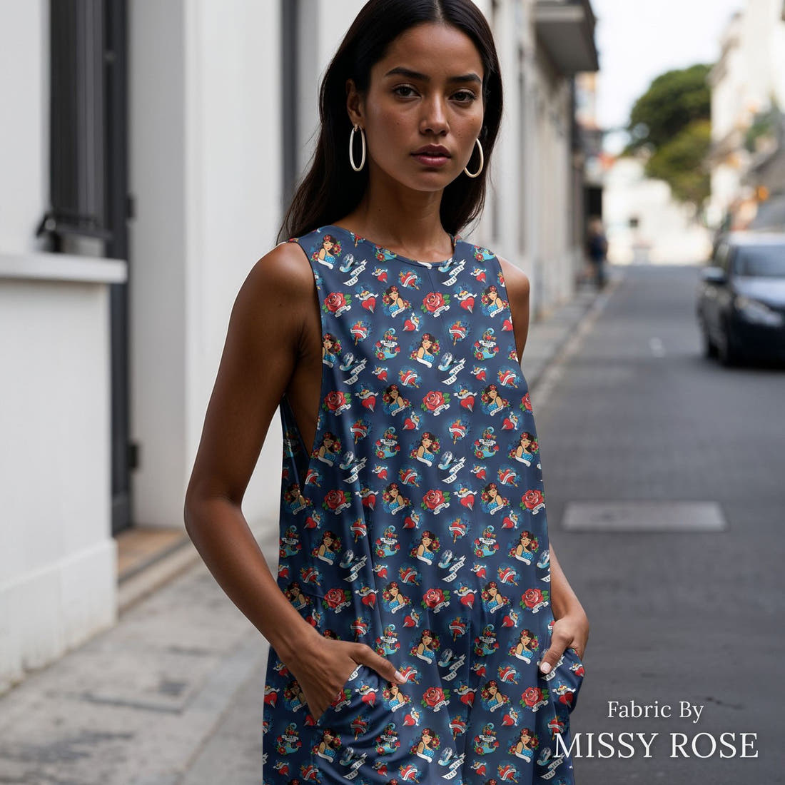 Design 90 Navy Tattoo Fabric sewn into a women's jumpsuit – see how the print looks made up | Fabric by Missy Rose