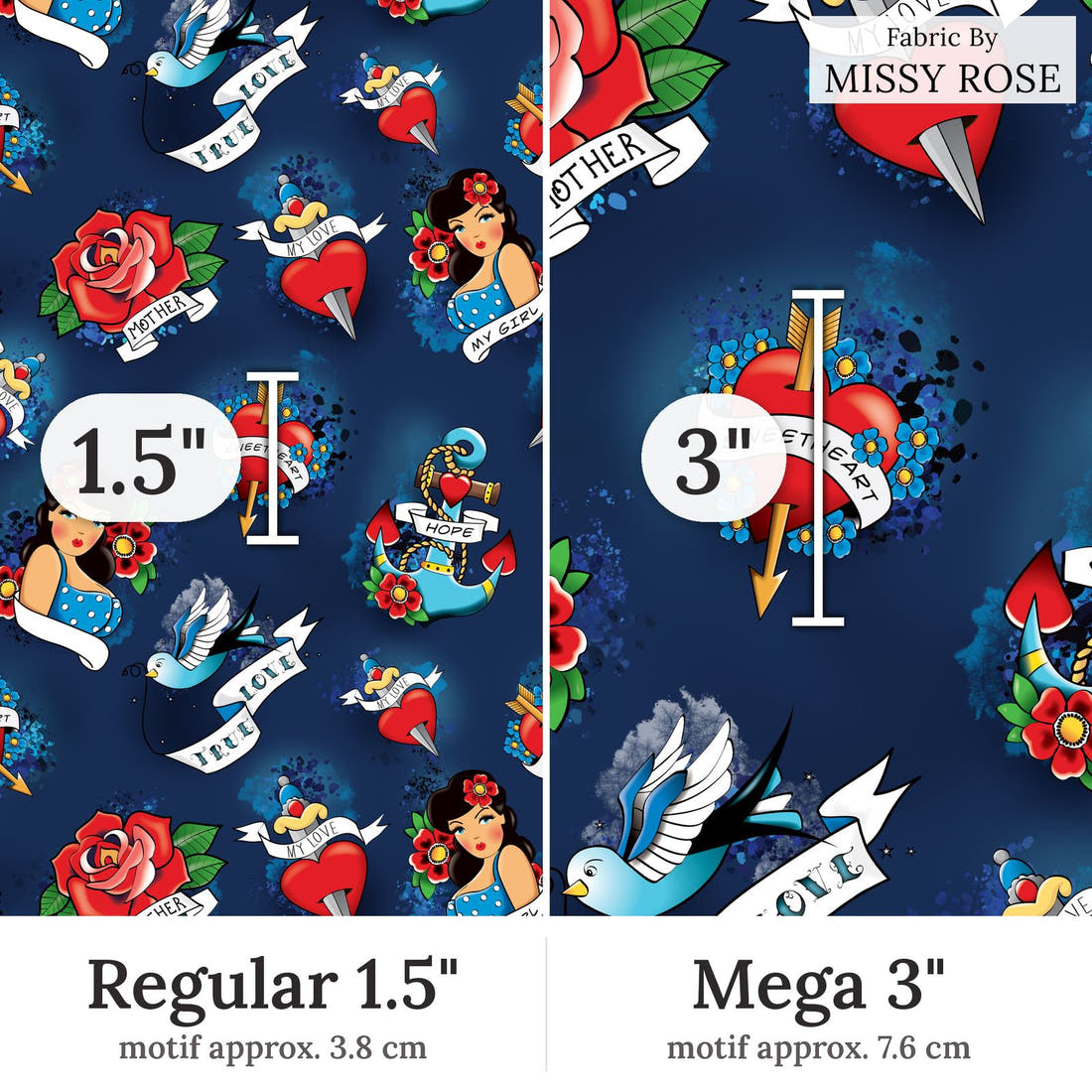 Design 90 Navy Tattoo Fabric Regular 1.5 inch vs Mega 3 inch print scale side by side | Fabric by Missy Rose