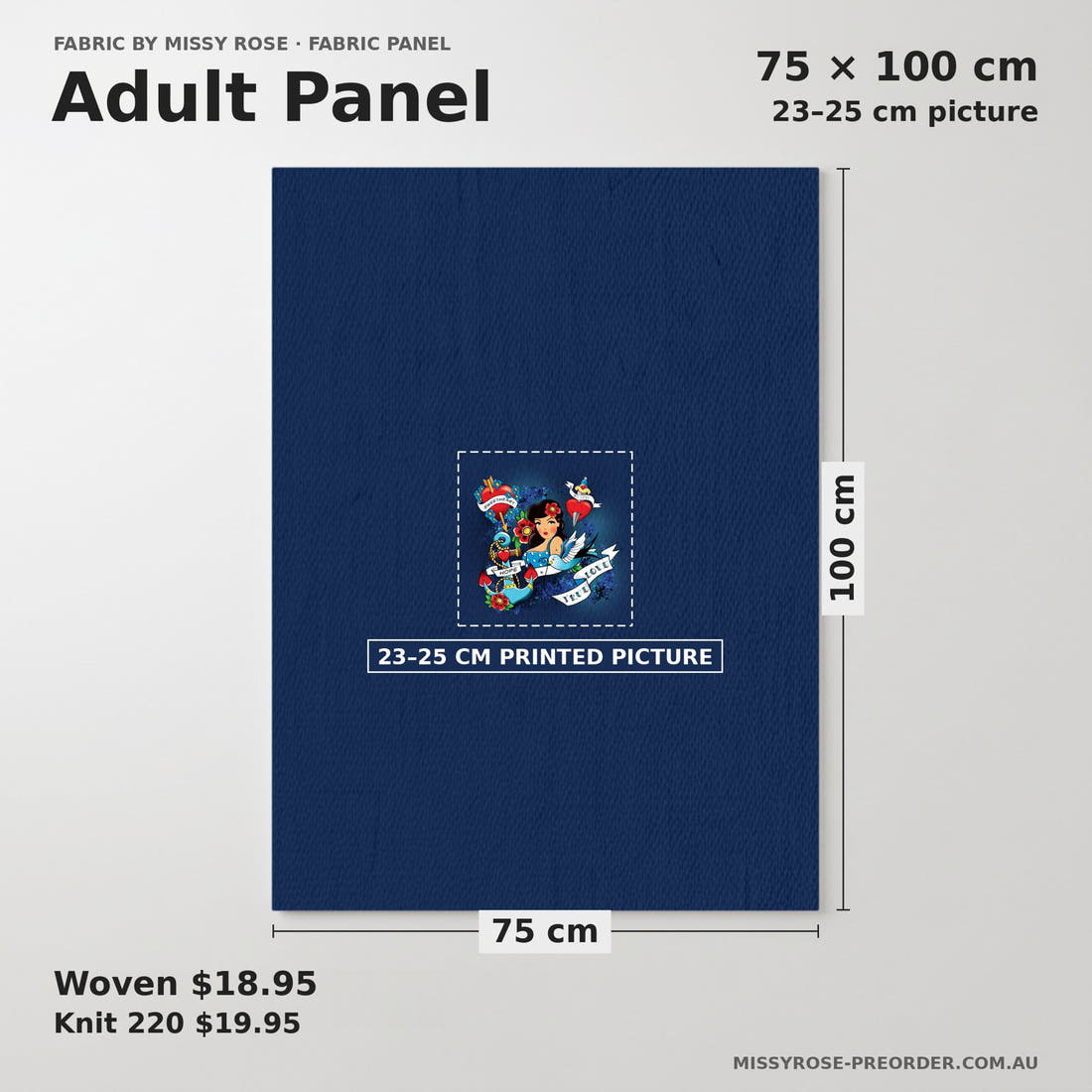 Design 90 Navy Tattoo Panel adult panel sizing – 23–25 cm printed picture on 75 × 100 cm fabric | Fabric by Missy Rose