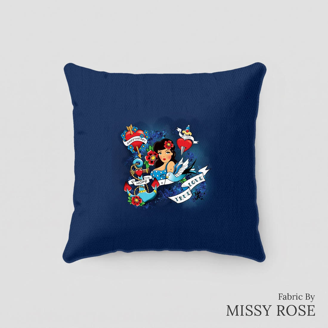 Design 90 Navy Tattoo Panel sewn into a cushion – see how the panel looks made up | Fabric by Missy Rose