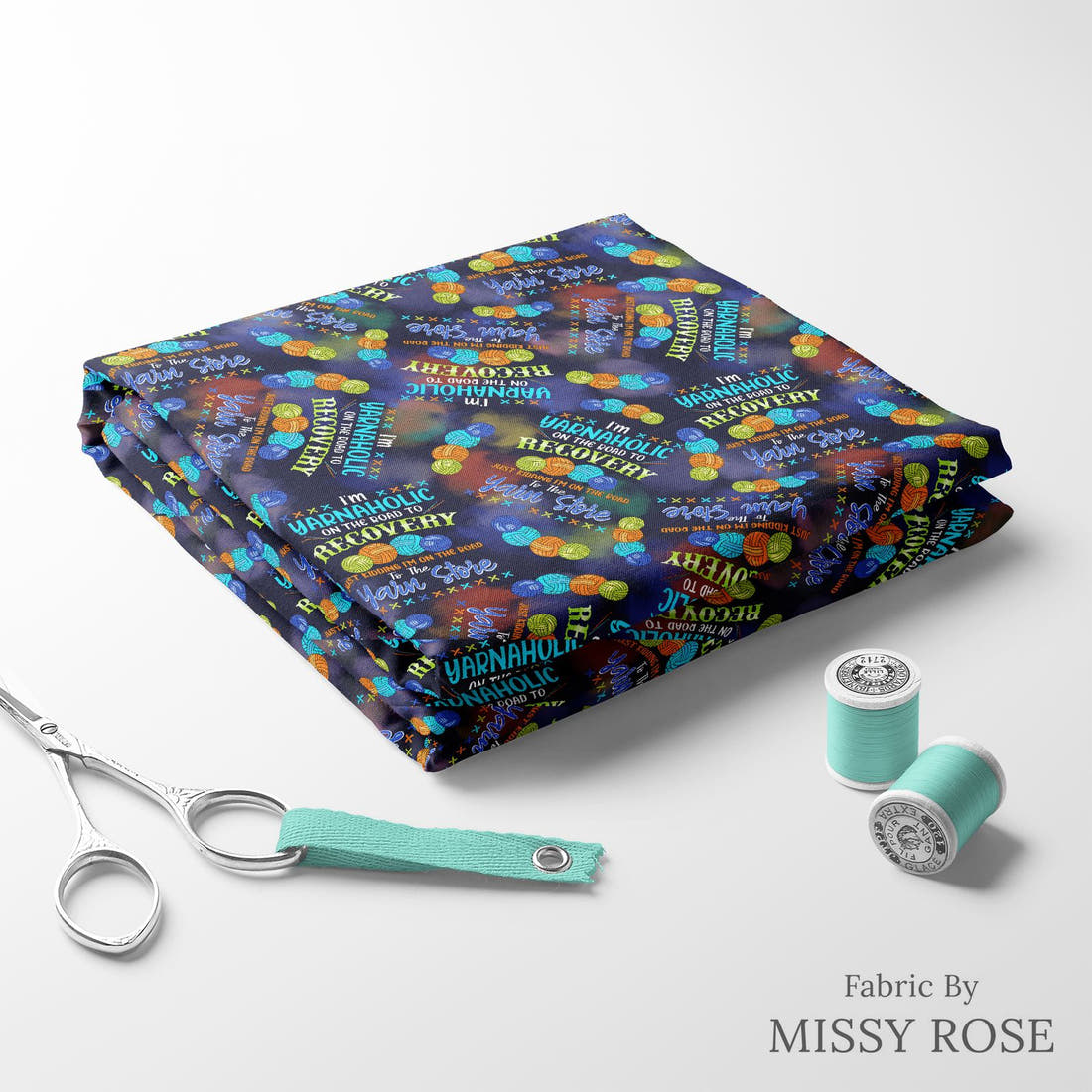 Design 900 Yarnaholic Fabric folded fabric stack with matching thread – pre-order fabric Australia | Fabric by Missy Rose