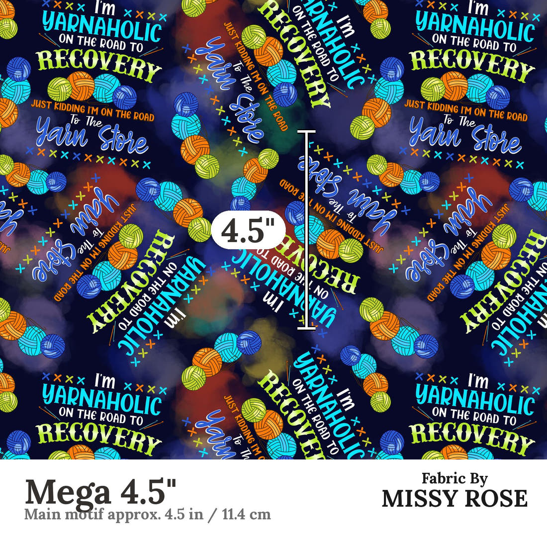 Design 900 Yarnaholic Fabric Mega 4.5 inch print scale guide | Fabric by Missy Rose