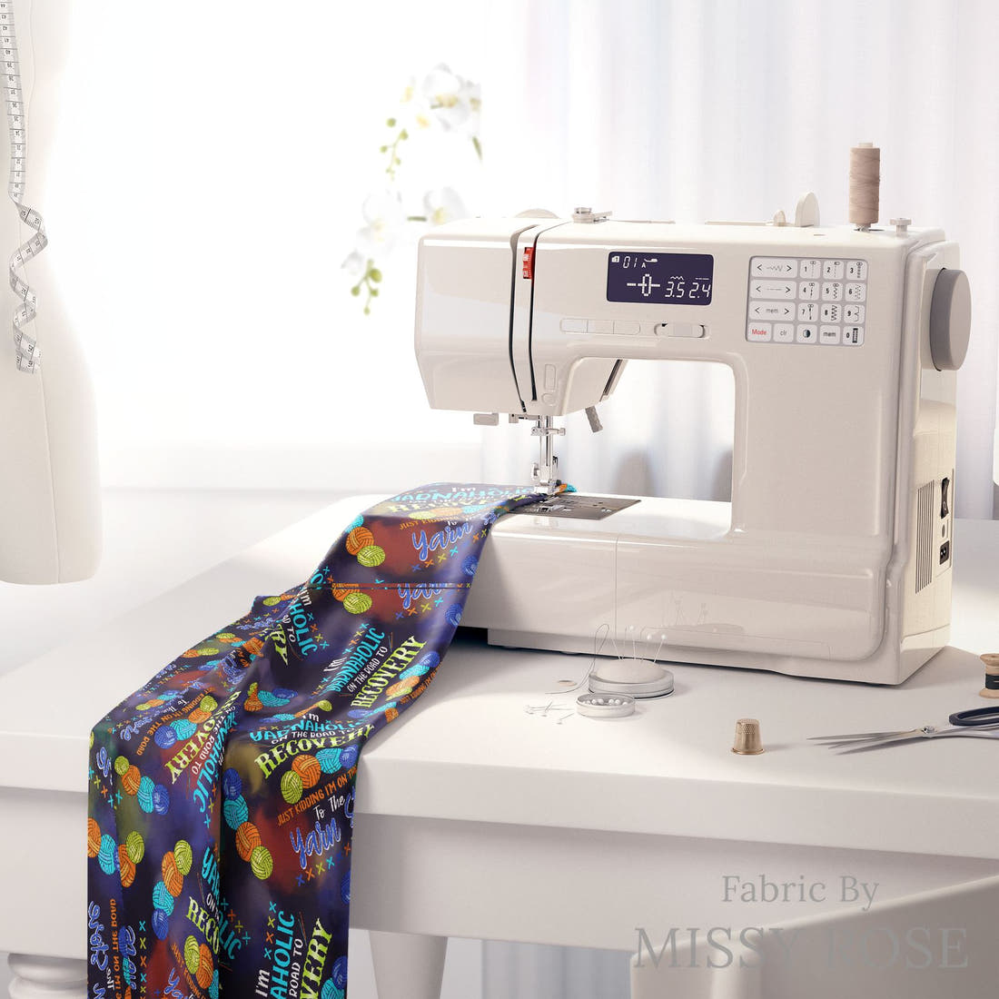Design 900 Yarnaholic Fabric on a sewing machine – premium fabric for sewing projects | Fabric by Missy Rose