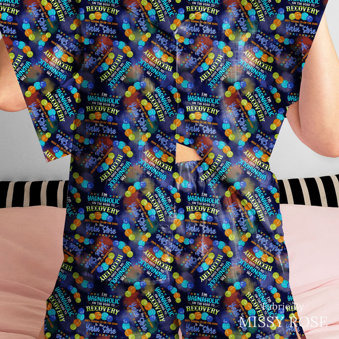 Design 900 Yarnaholic Fabric sewn into a women's pyjama set – see how the print looks made up | Fabric by Missy Rose
